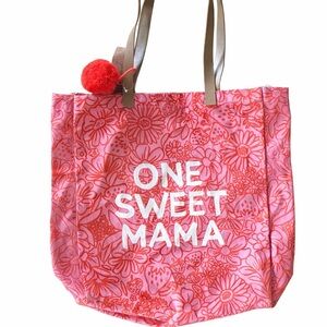 The Paper Curator “One Sweet Mama” Canvas Tote Bag Pom Pom Floral Strawberry NWT